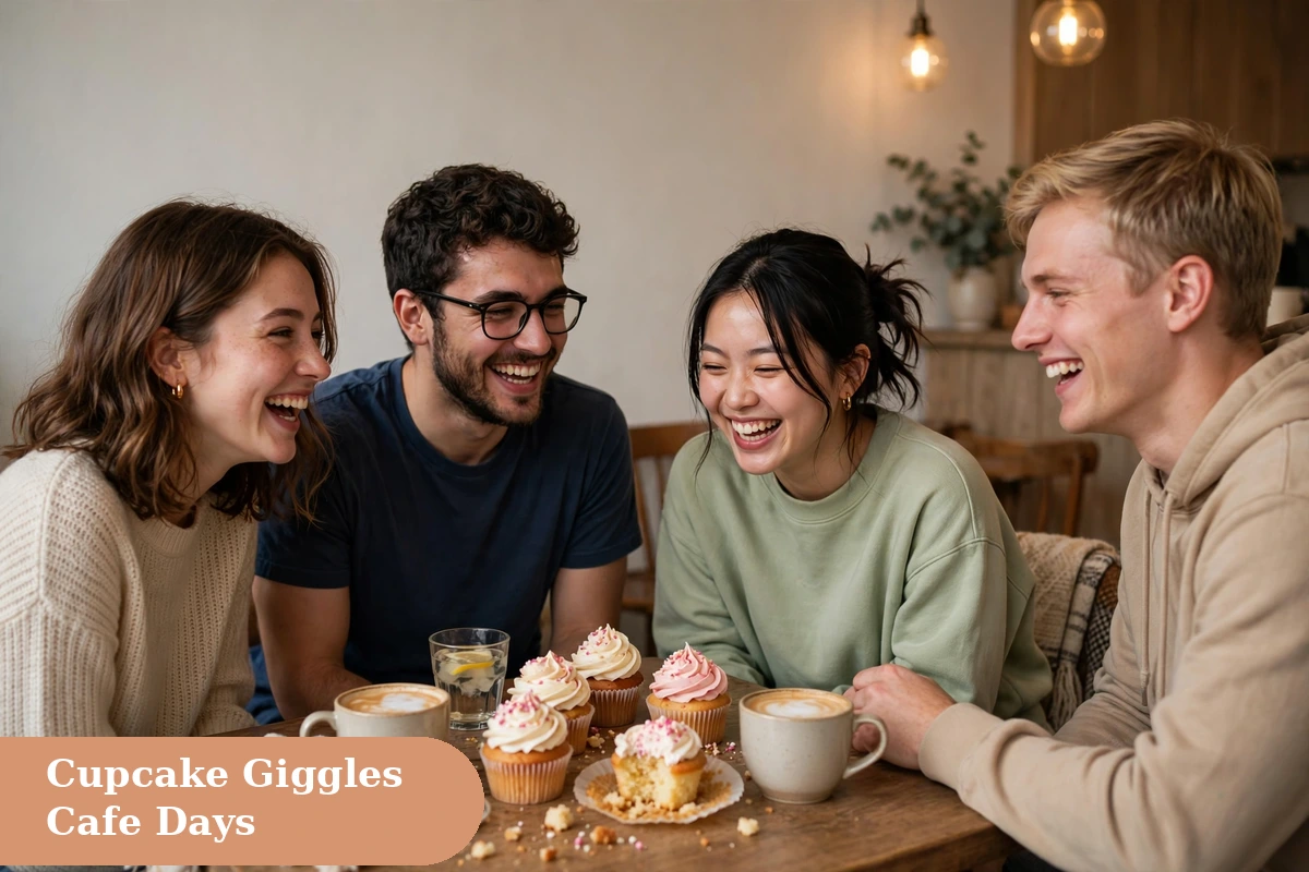 Cute captions for instagram with friends giggling over cupcakes in a cafe