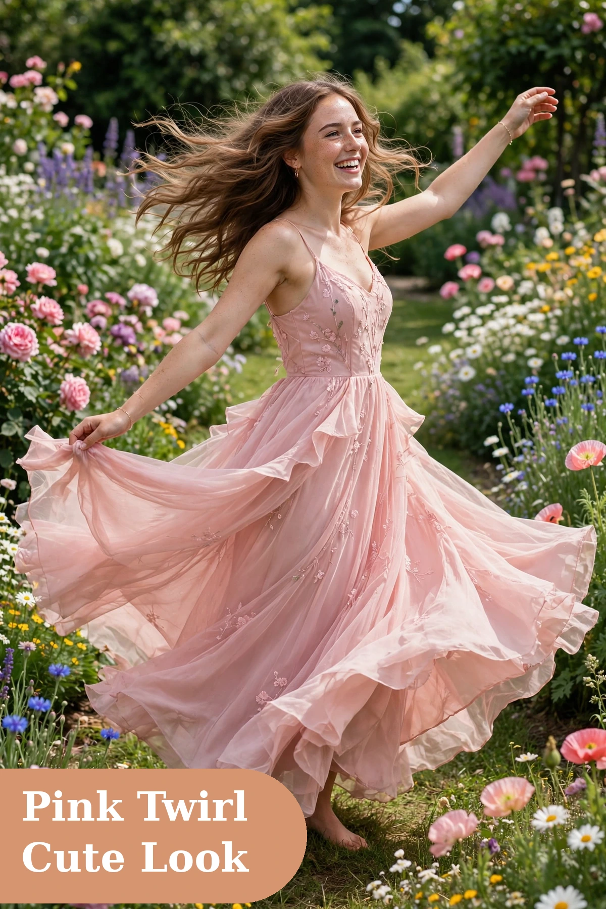 Cute captions for instagram with a girl twirling in a pink dress outdoors