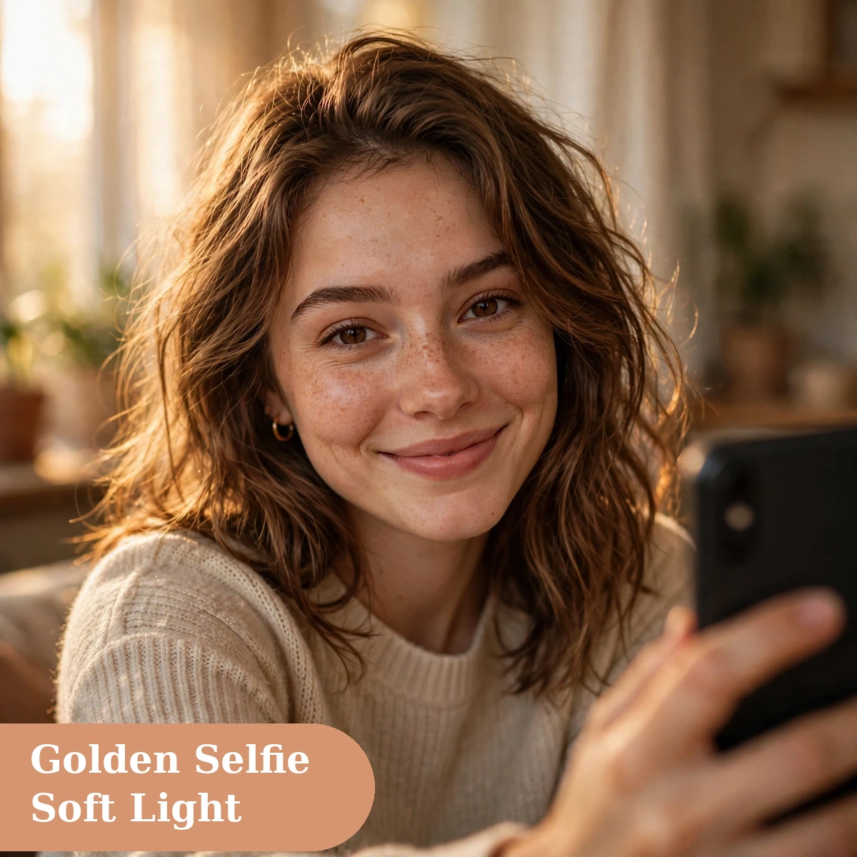 Cute captions for instagram with a sweet selfie in soft golden window light