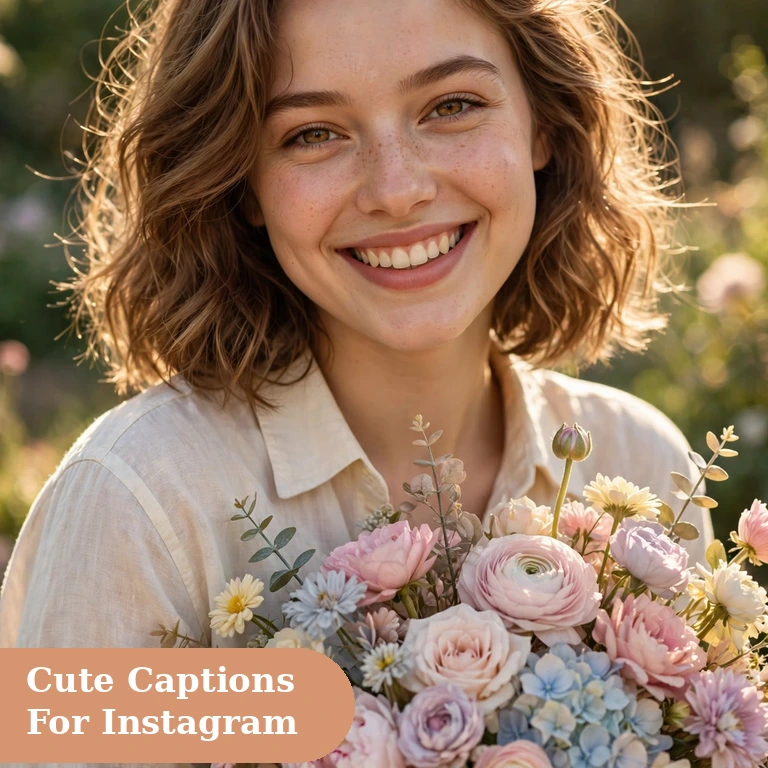 Cute captions for instagram featured image with a smiling girl holding flowers in sunshine