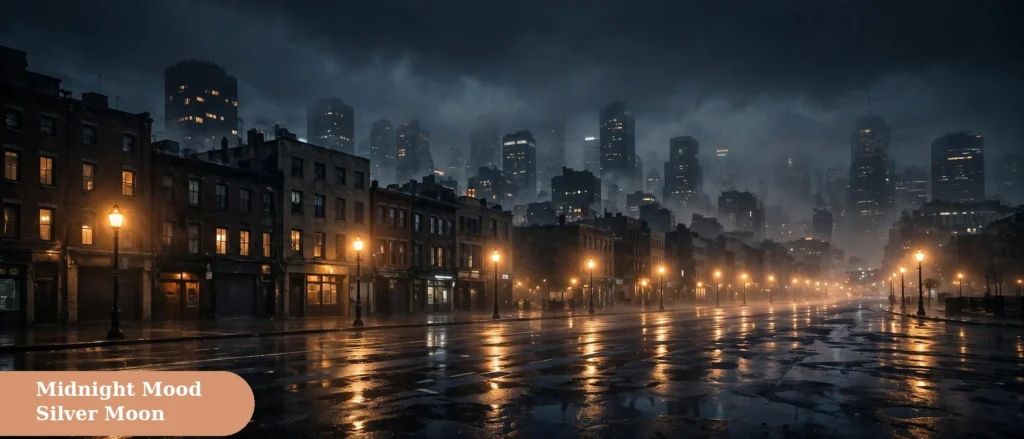 Dark captions for instagram with a midnight city scene and glowing street lights