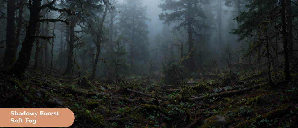 Dark captions for instagram with a shadowy forest scene and soft fog