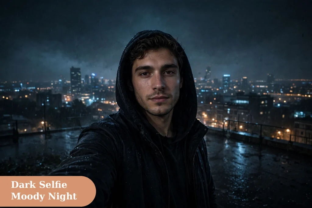 Dark captions for instagram with a dark selfie scene and moody night light
