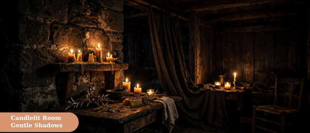 Dark captions for instagram with a candlelit dark room scene and gentle shadows