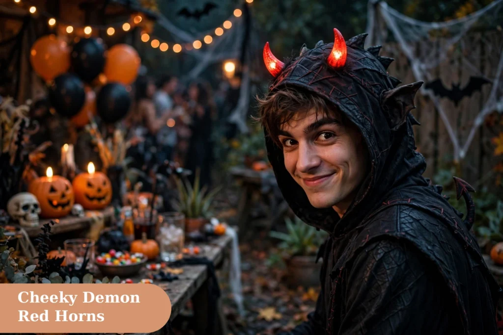 Demon captions for instagram with a cheeky demon costume scene and glowing red horns