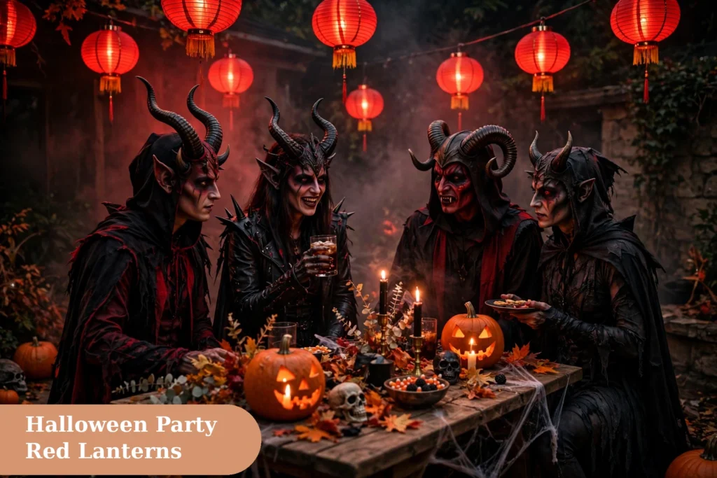 Demon captions for instagram with a spooky Halloween party scene and red lantern light