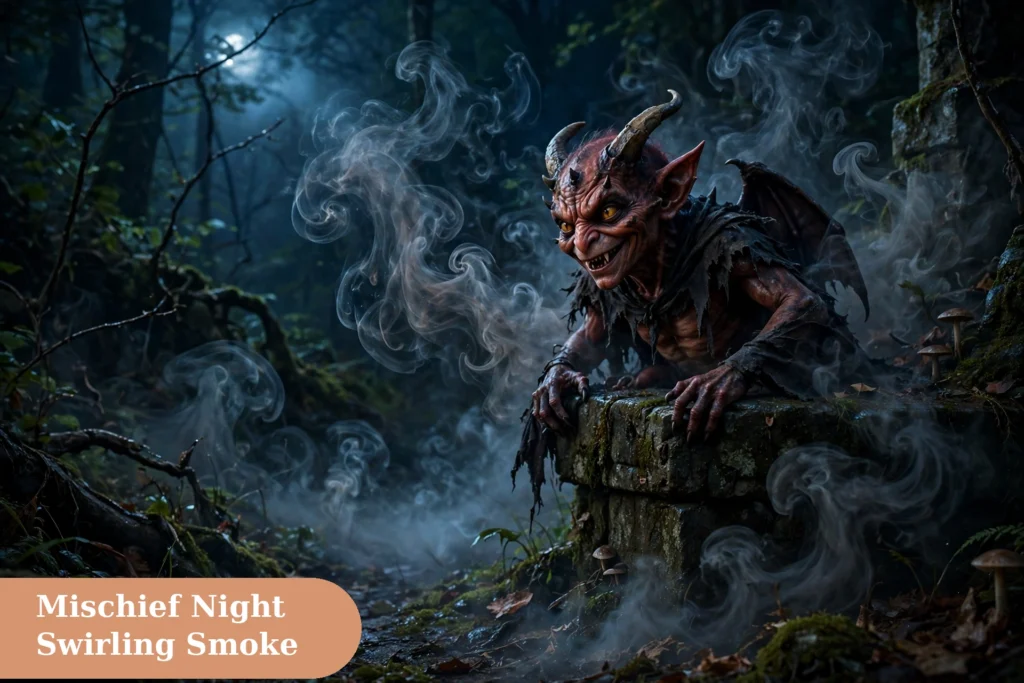 Demon captions for instagram with a mischievous demon scene and swirling smoke