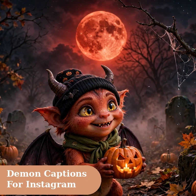 Demon captions for instagram featured image with a playful demon scene under a red moon