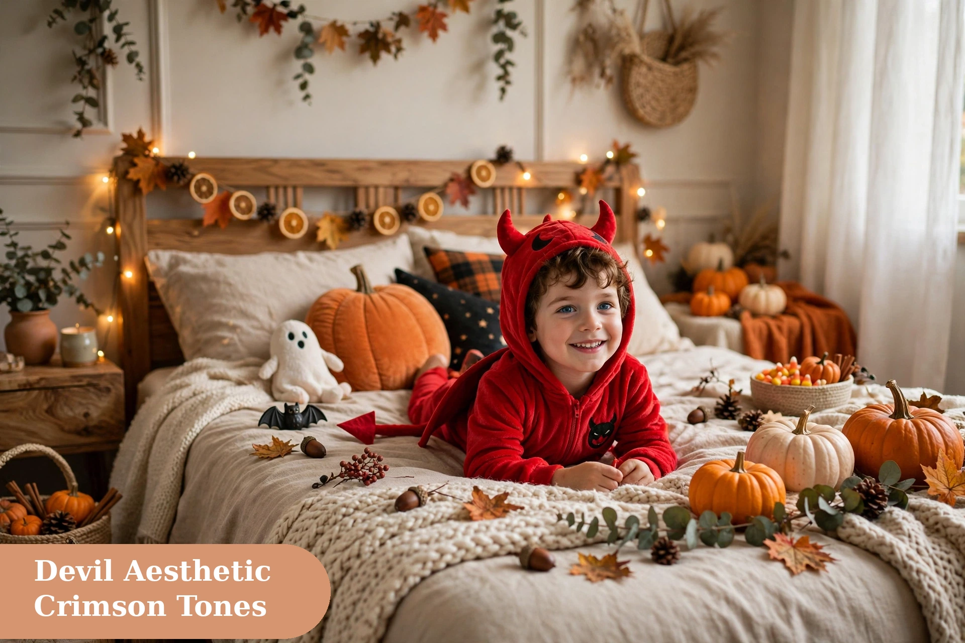Devil captions for instagram with a devil costume and pitchfork prop at night