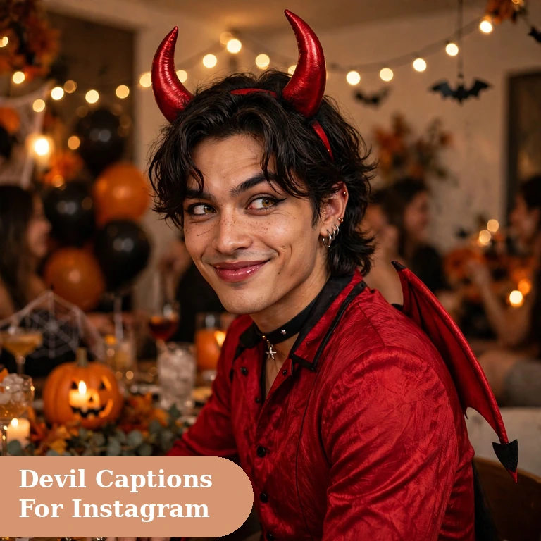 Devil captions for instagram featured image with red devil horns at a Halloween party