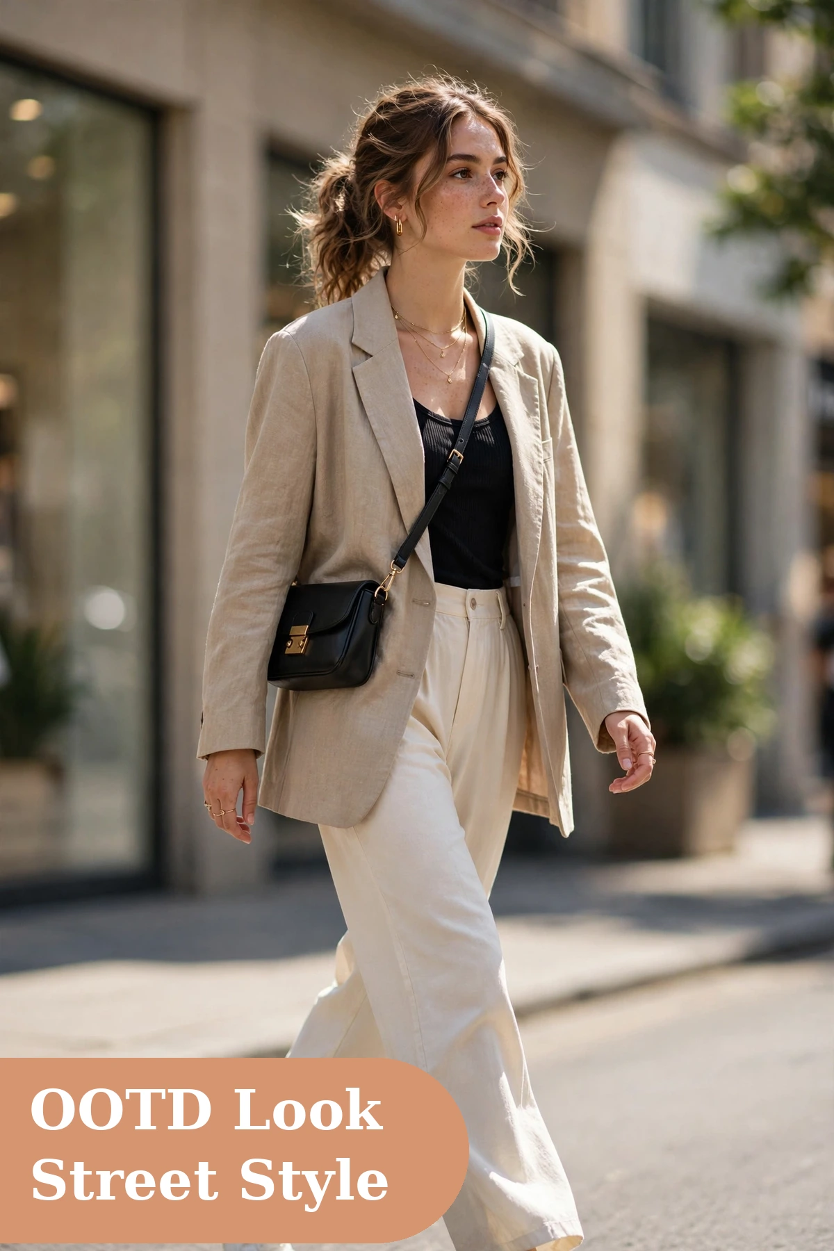 Fashion captions for instagram with OOTD street style look in a bright city