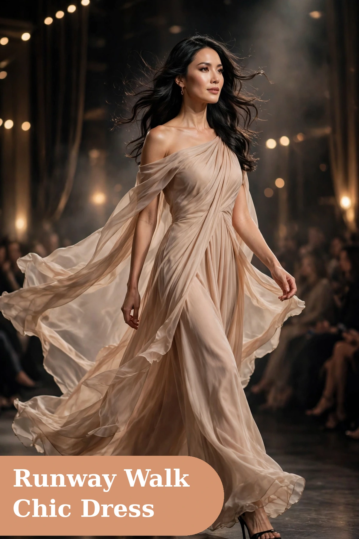 Fashion captions for instagram with elegant dress and confident runway walk
