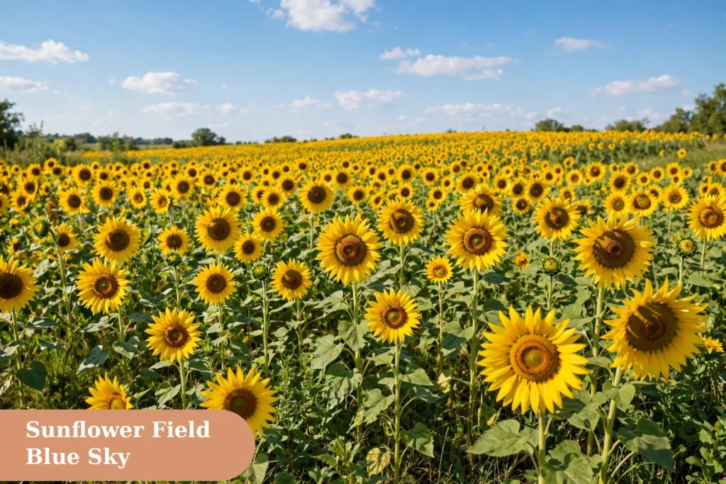 Flowers captions for instagram with a bright sunflower field under blue sky