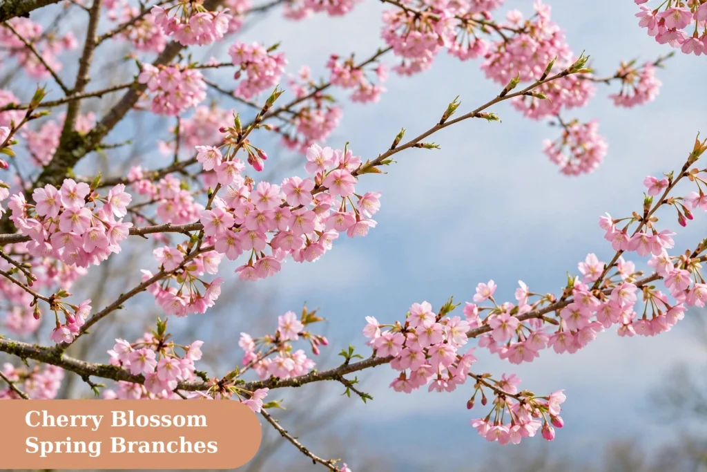 Flowers captions for instagram with pink cherry blossom branches in spring