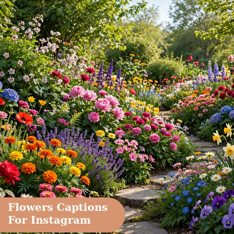 Flowers captions for instagram featured image with colourful blooms in a sunny garden