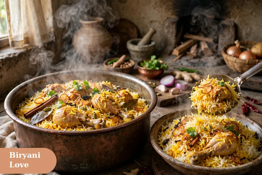 food captions for instagram with a steaming pot of chicken biryani served in saffron rice closeup