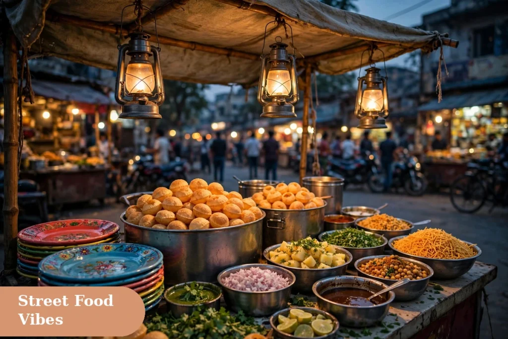 food captions for instagram with an Indian street food chaat stall at dusk serving golgappe