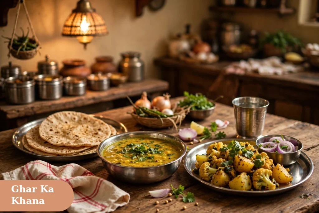 food captions for instagram with homely dal roti sabzi served on steel plates in warm light