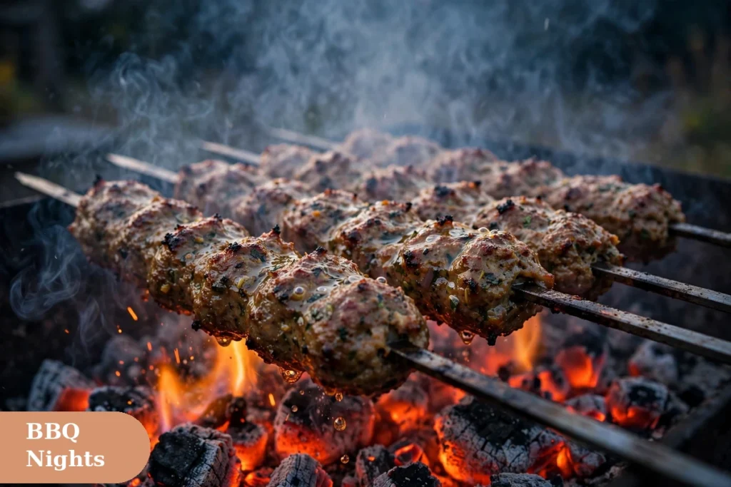 food captions for instagram with BBQ seekh kebabs grilling over charcoal in a smoky evening scene