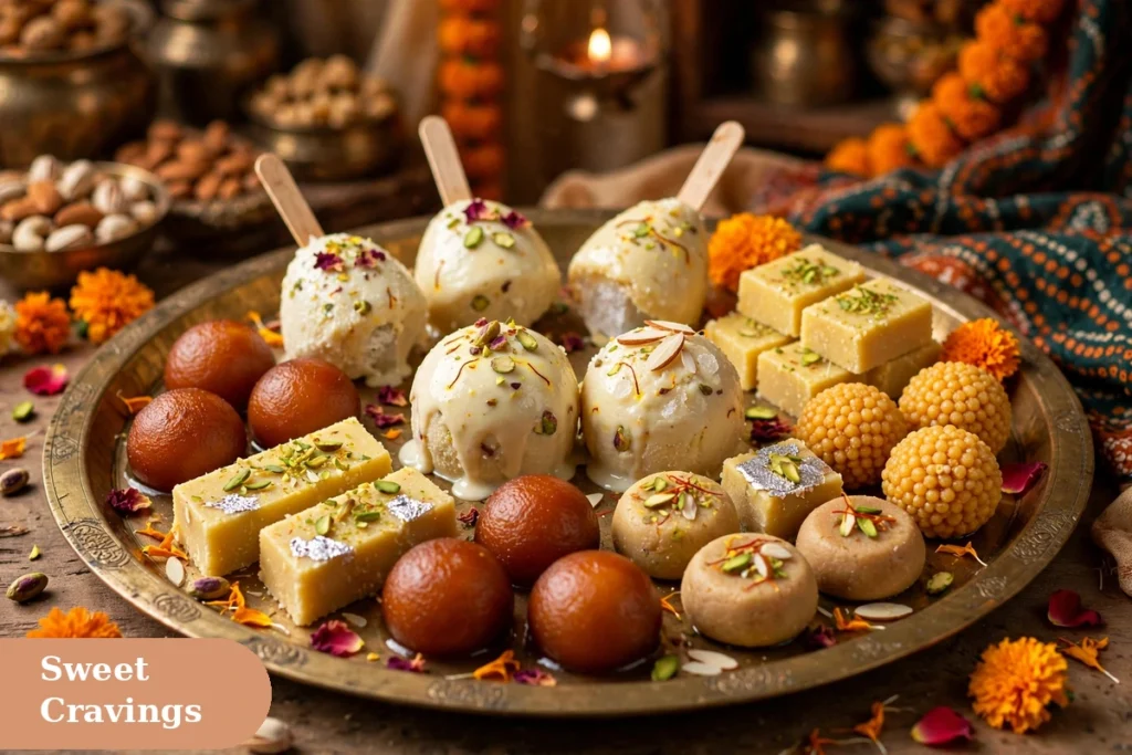 food captions for instagram with Indian mithai and kulfi desserts arranged on a brass tray