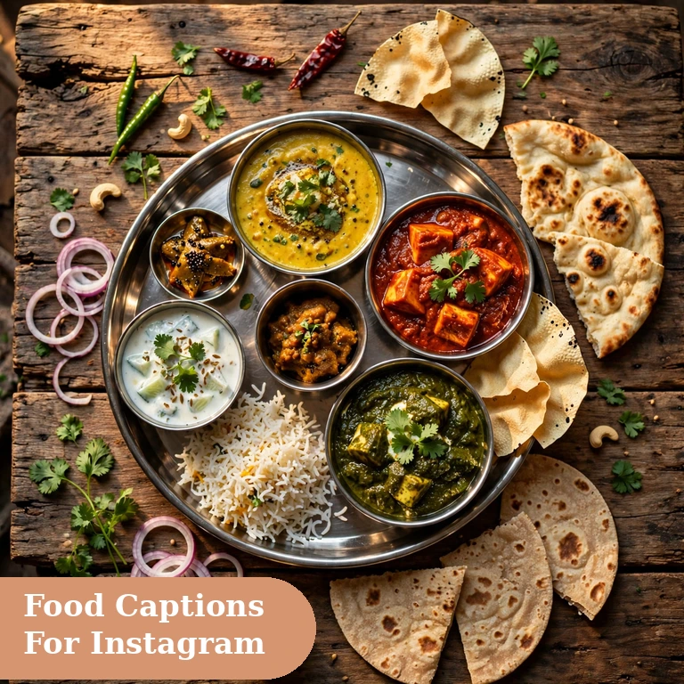 food captions for instagram featured image with a traditional Indian thali spread on a rustic wooden table