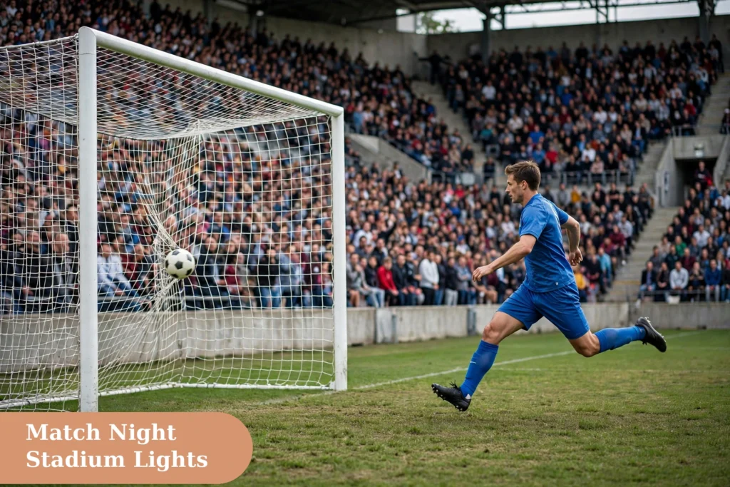Football captions for instagram with a striker scoring a goal on the pitch