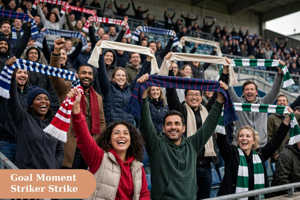 Football captions for instagram with fans celebrating together in the stands