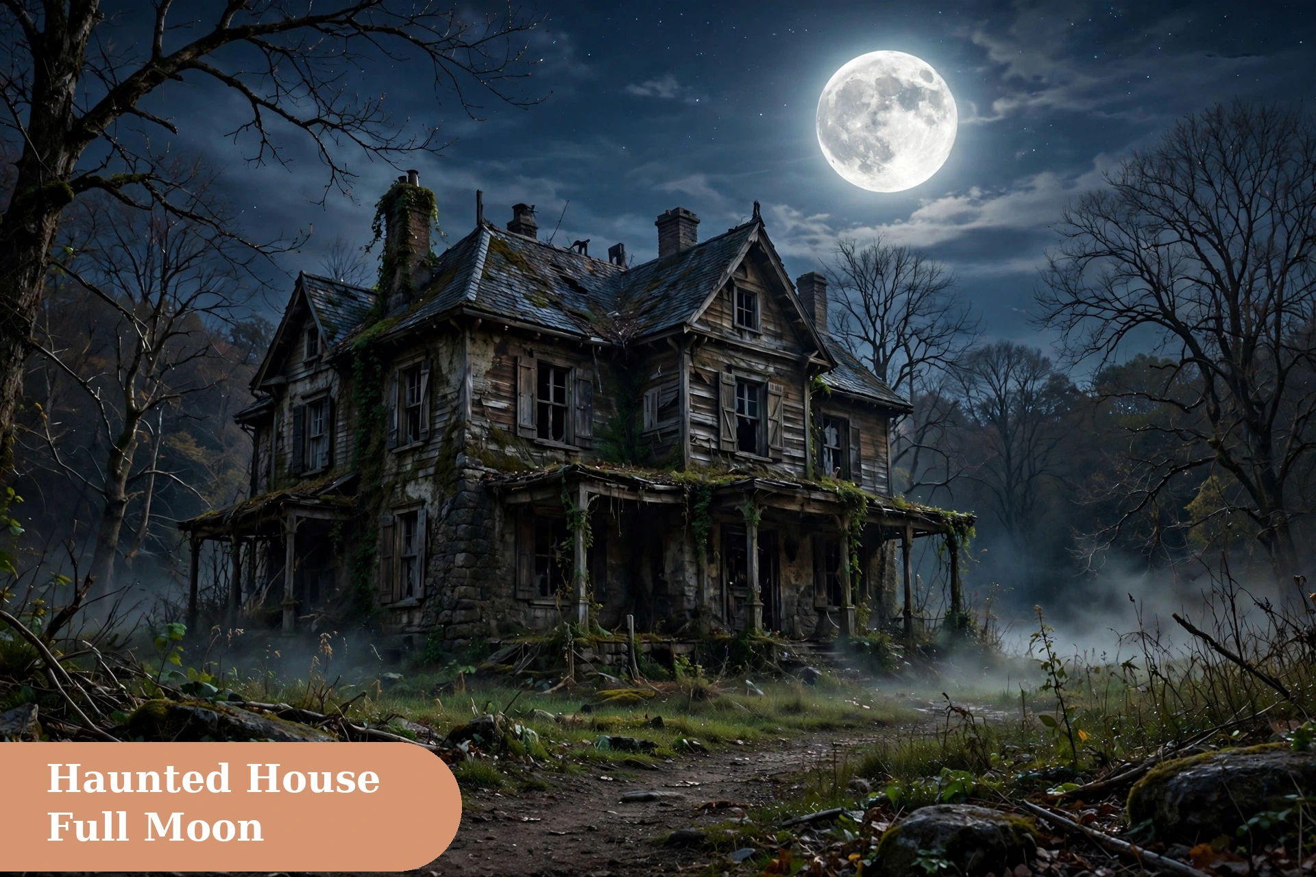 Ghost captions for instagram with a haunted house under a bright full moon