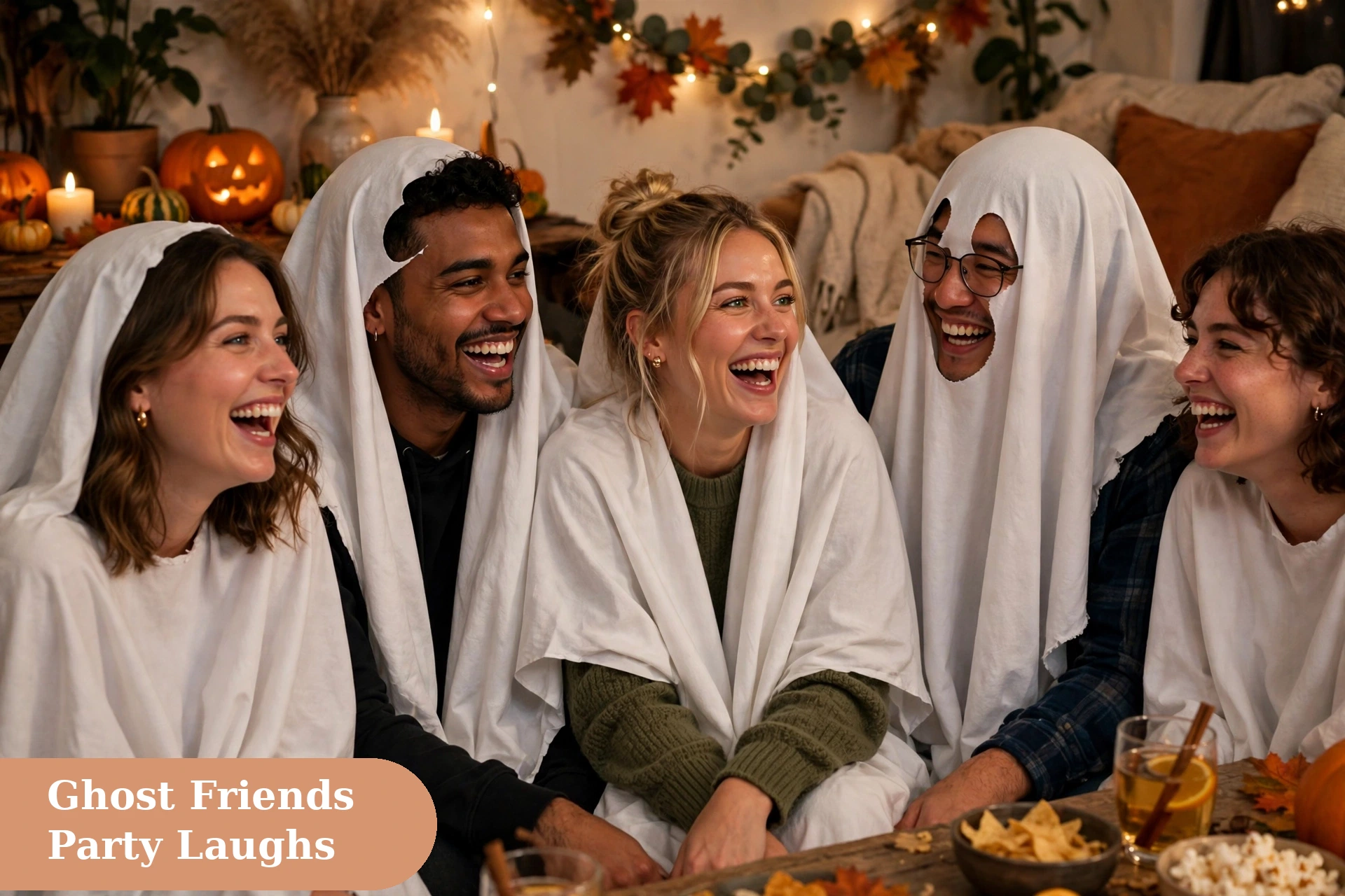 Ghost captions for instagram with friends in ghost costumes laughing together