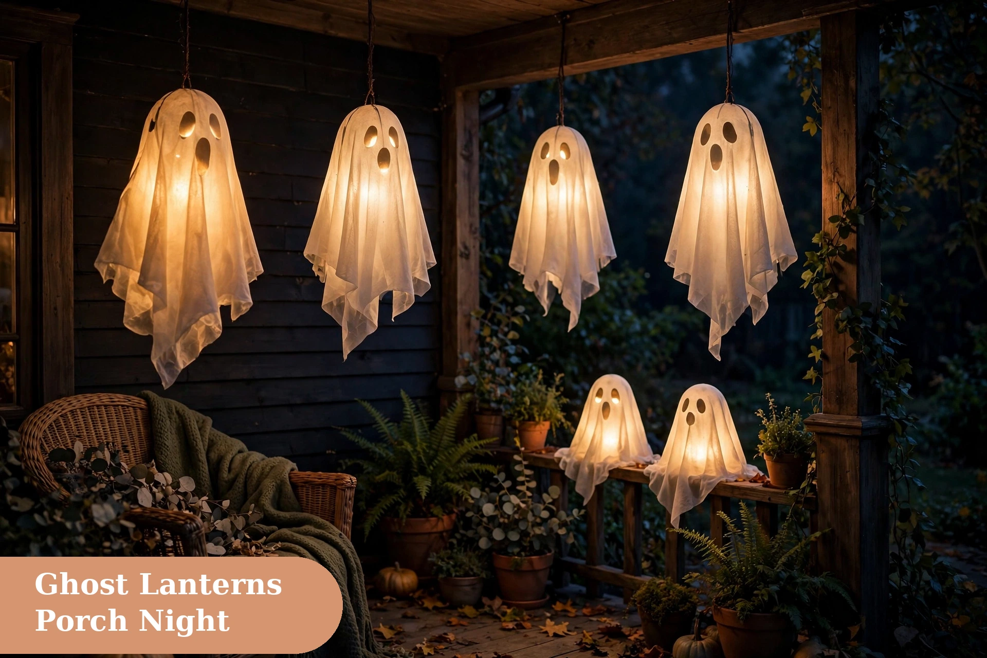 Ghost captions for instagram with glowing ghost lanterns on a porch at night