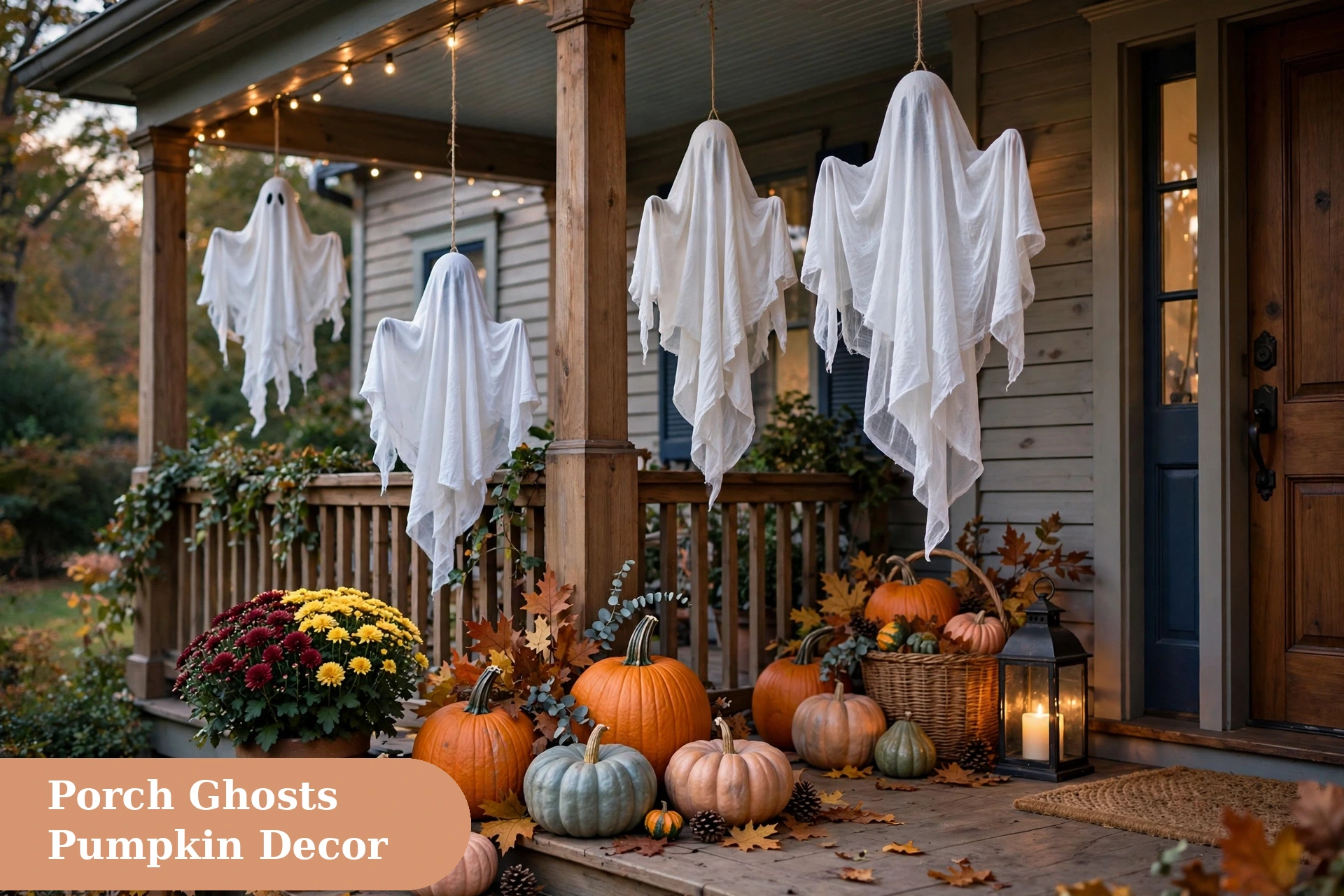Ghost captions for instagram with ghost decorations and pumpkins on a porch
