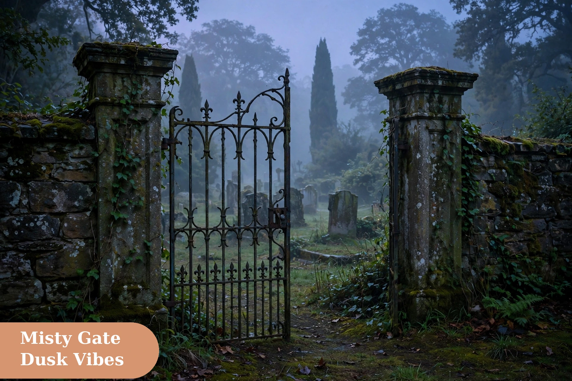 Ghost captions for instagram with a misty graveyard gate at dusk