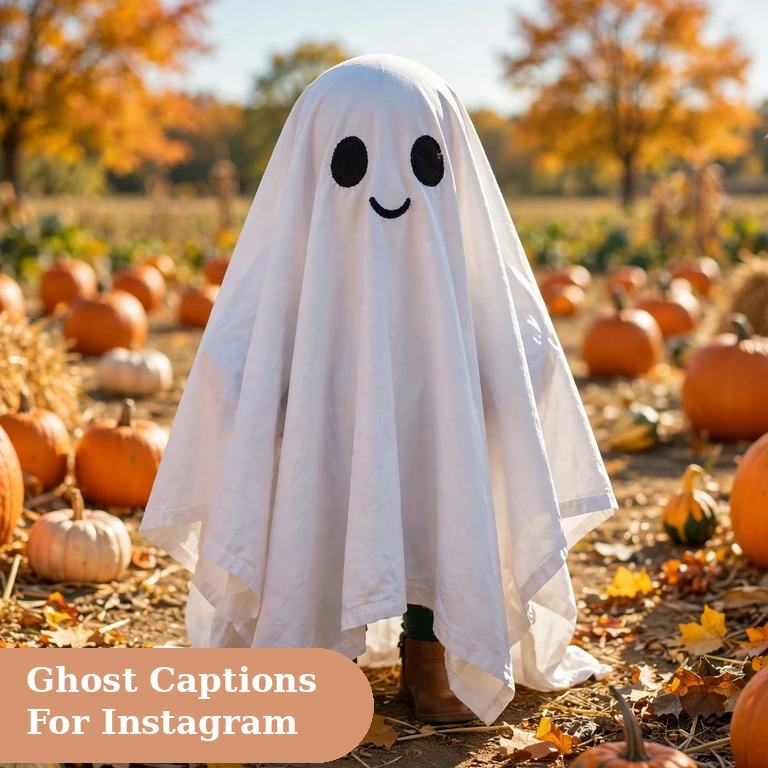 Ghost captions for instagram featured image with a cute sheet ghost in a pumpkin patch