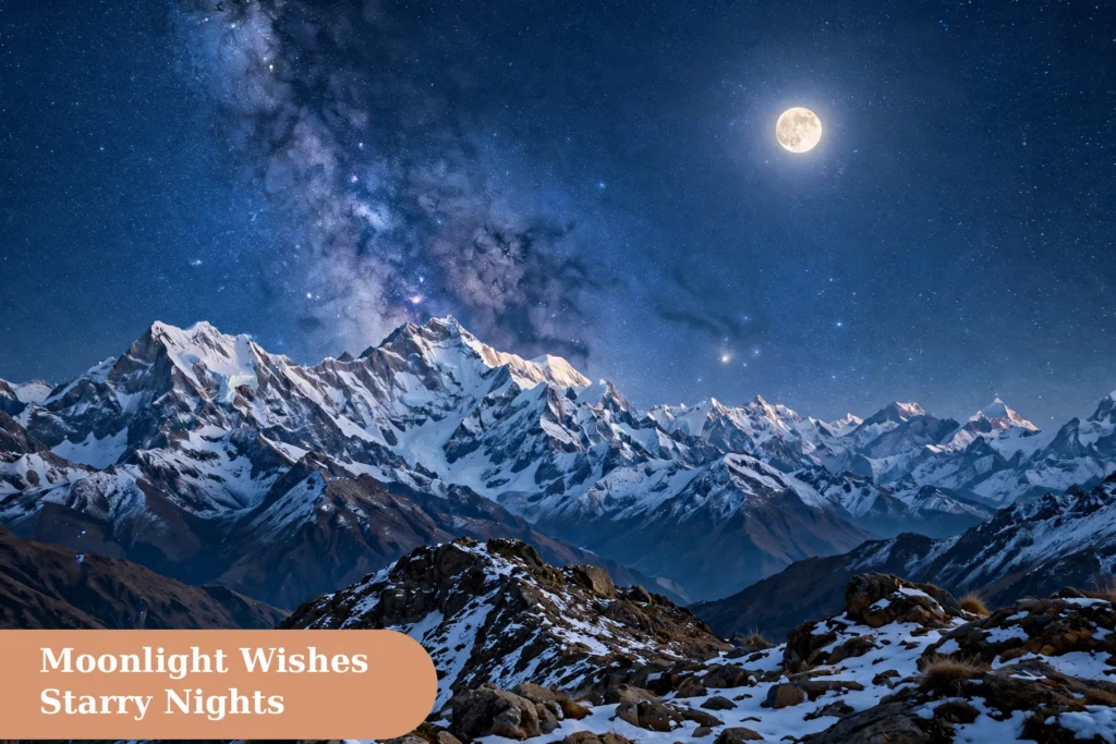 good night captions for instagram moonlight wishes image with a full moon and Milky Way glowing over snow capped Himalayan peaks