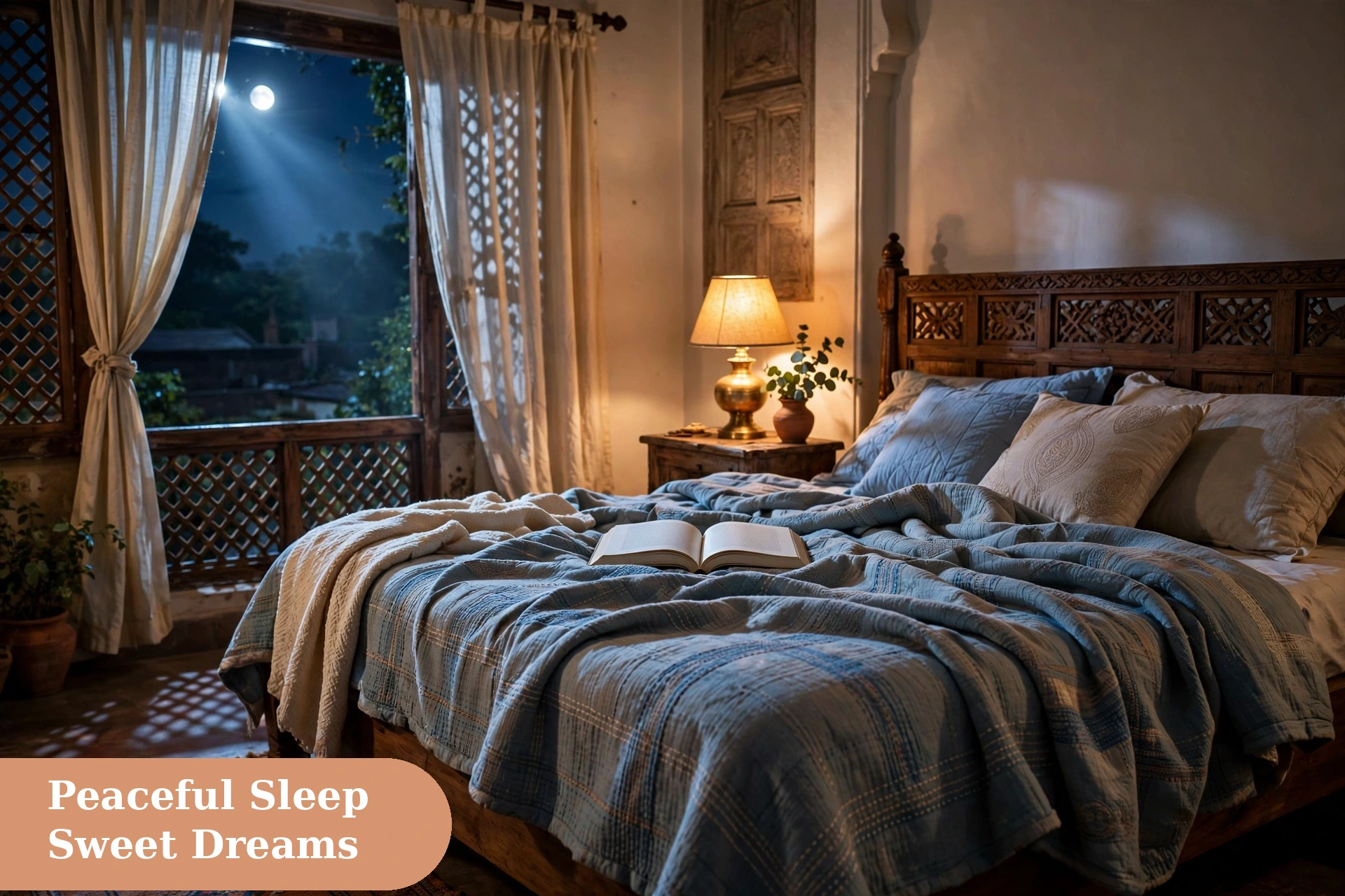 good night captions for instagram peaceful sleep image with a cozy Indian bedroom glowing lamp open book and moonlight through the window