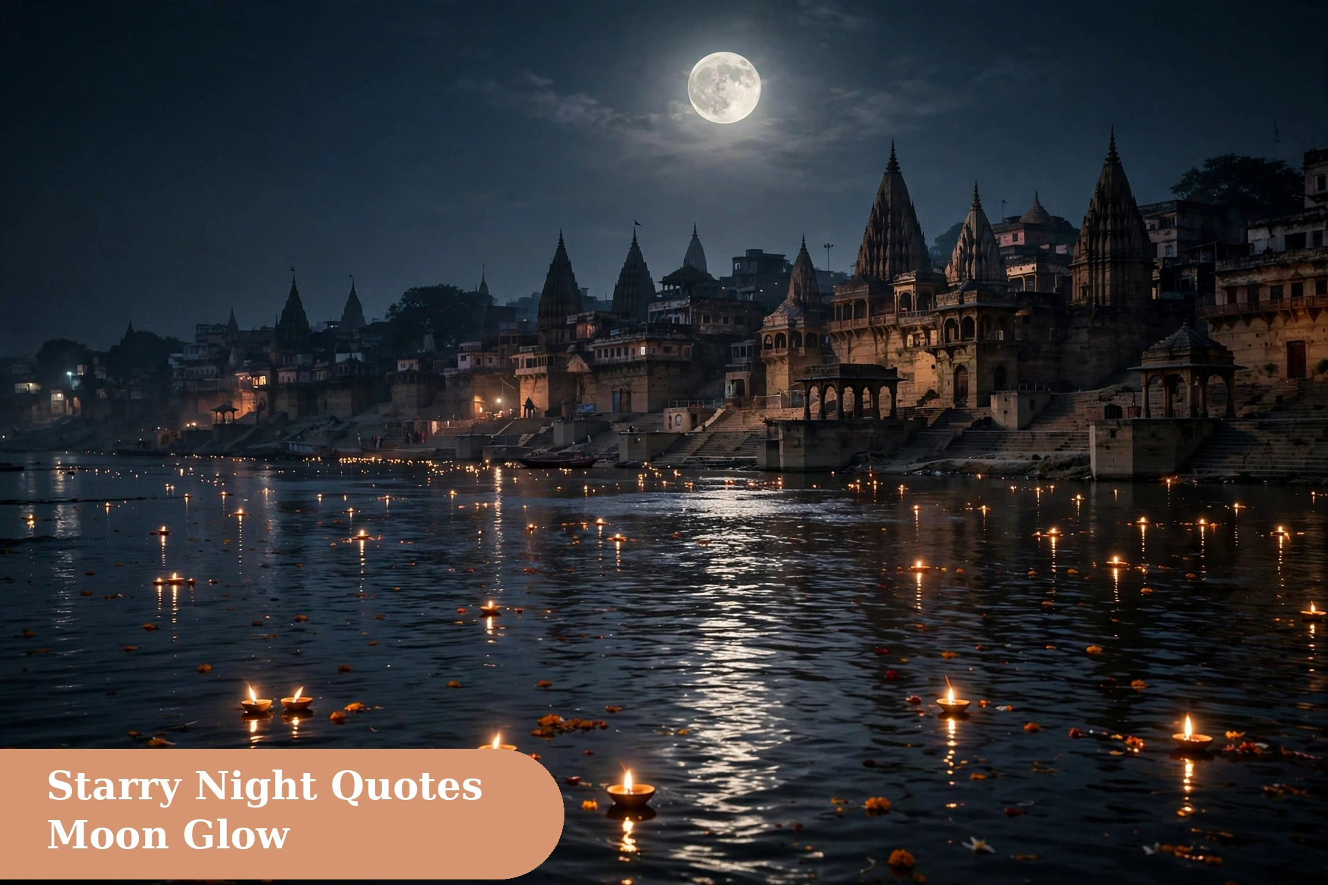 good night captions for instagram starry night quotes image with floating diyas on the Ganges at Varanasi ghats under the moon