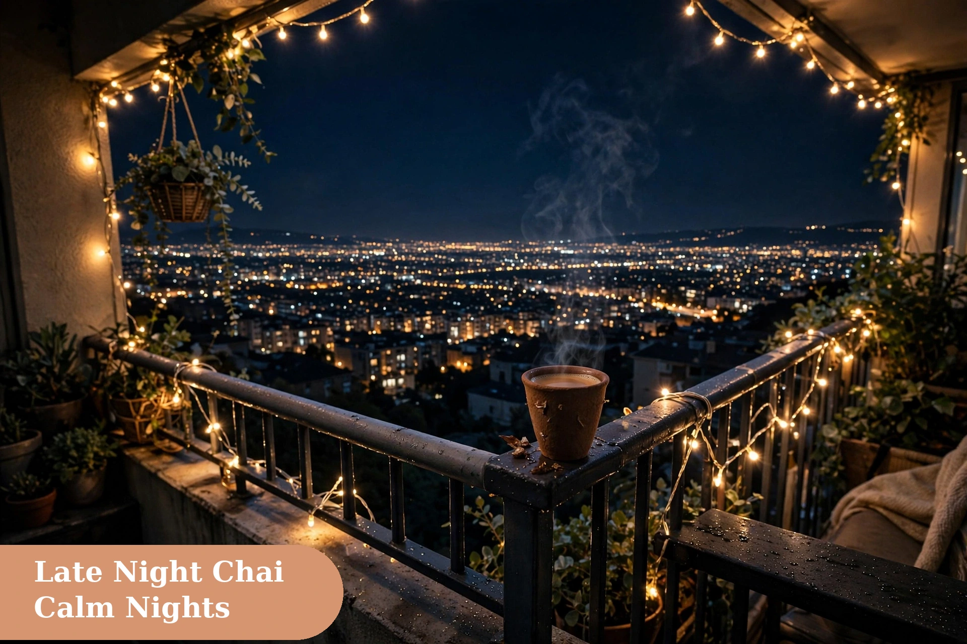 good night captions for instagram late night chai image with a steaming kulhad on a midnight balcony with fairy lights and city glow