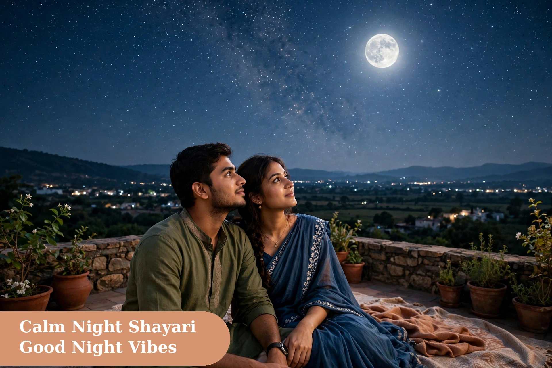 good night captions for instagram calm night shayari image with a young couple on a terrace blanket watching stars in moonlight