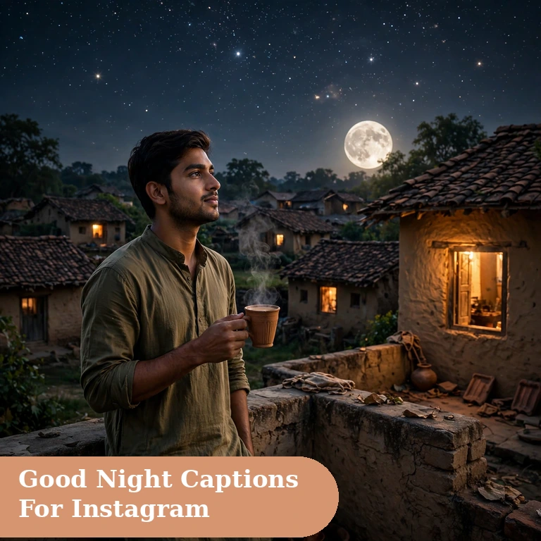 good night captions for instagram featured image with a full moon rising over an Indian village rooftop and a kulhad chai under starry sky