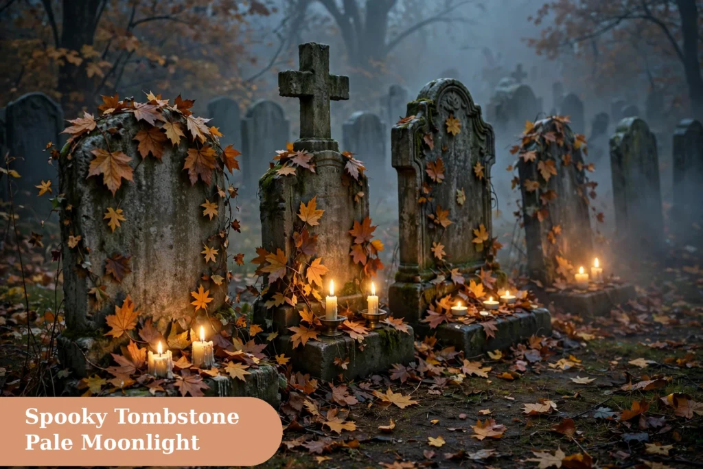 Graveyard captions for instagram with a misty graveyard path lined with old tombstones