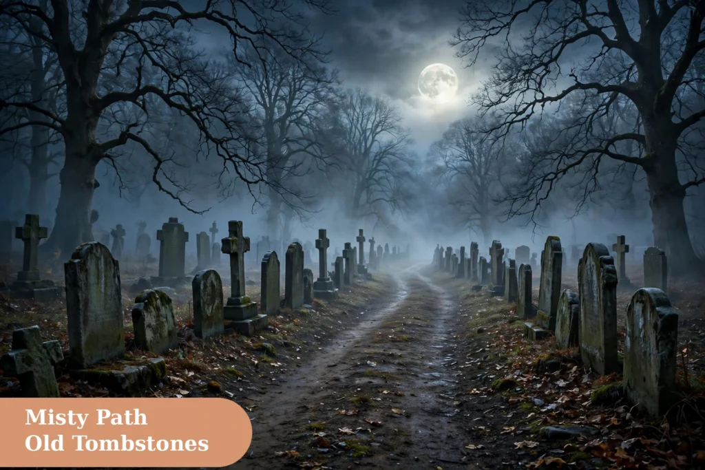 Graveyard captions for instagram with a haunted graveyard gate under a full moon