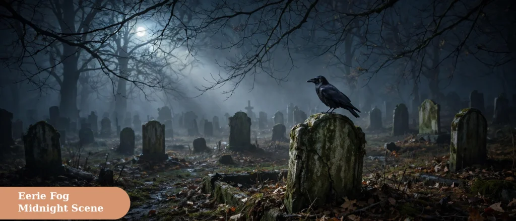 Graveyard captions for instagram with a spooky graveyard scene in midnight mist