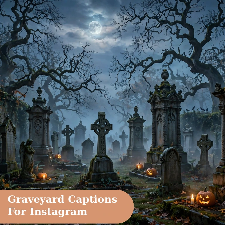 Graveyard captions for instagram featured image with a spooky tombstone under pale moonlight