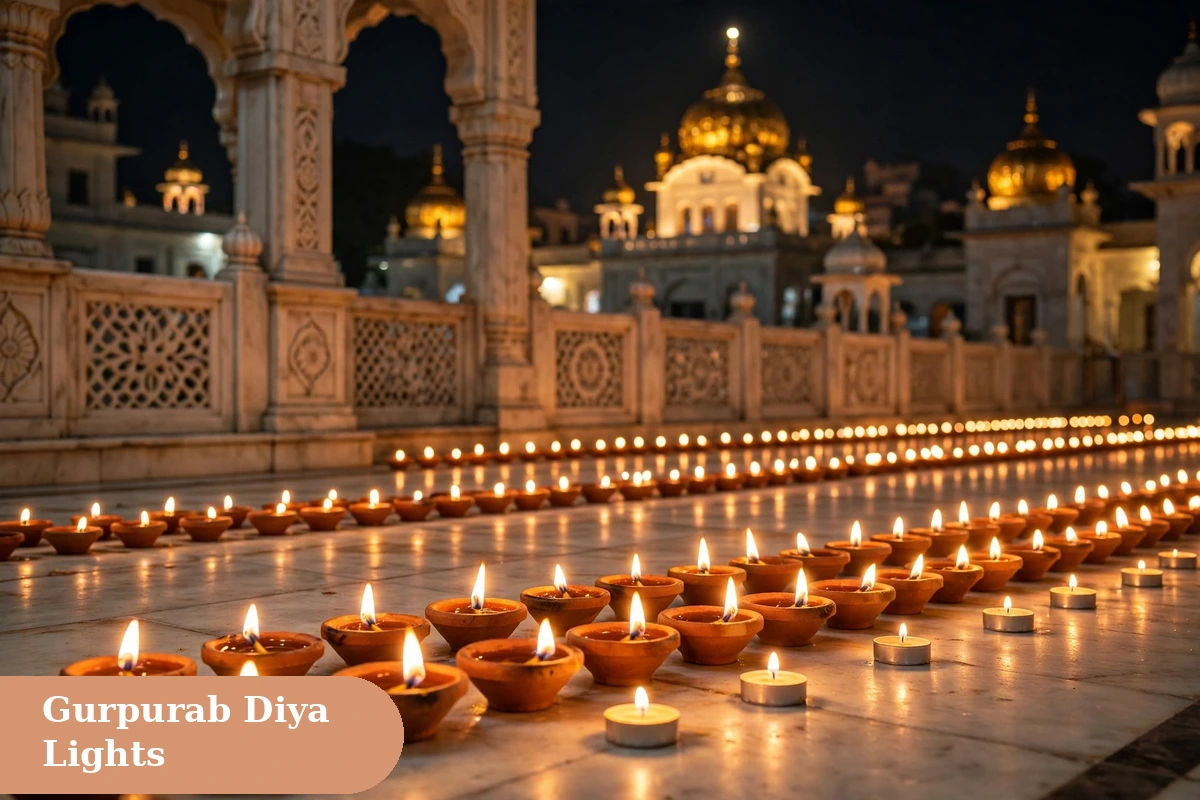 guru nanak jayanti captions for instagram diyas at gurudwara image with rows of lit diyas outside a gurudwara on gurpurab night