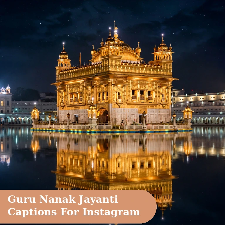 guru nanak jayanti captions for instagram featured image with the golden temple glowing at night over the holy sarovar