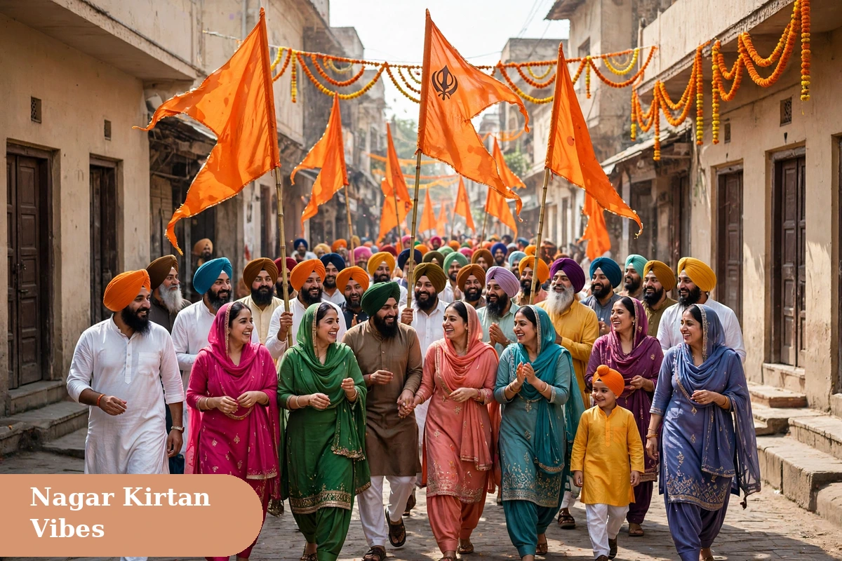 guru nanak jayanti captions for instagram nagar kirtan image with a street procession of devotees carrying saffron flags and singing