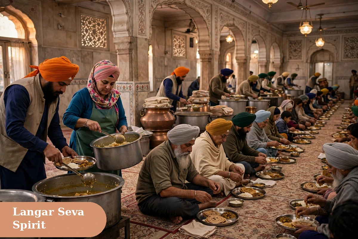guru nanak jayanti captions for instagram langar seva image with volunteers serving free community meals at a gurudwara