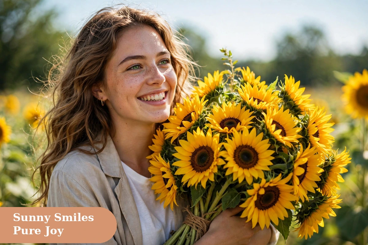 Happy captions for instagram with a smiling woman holding sunflowers in sunlight