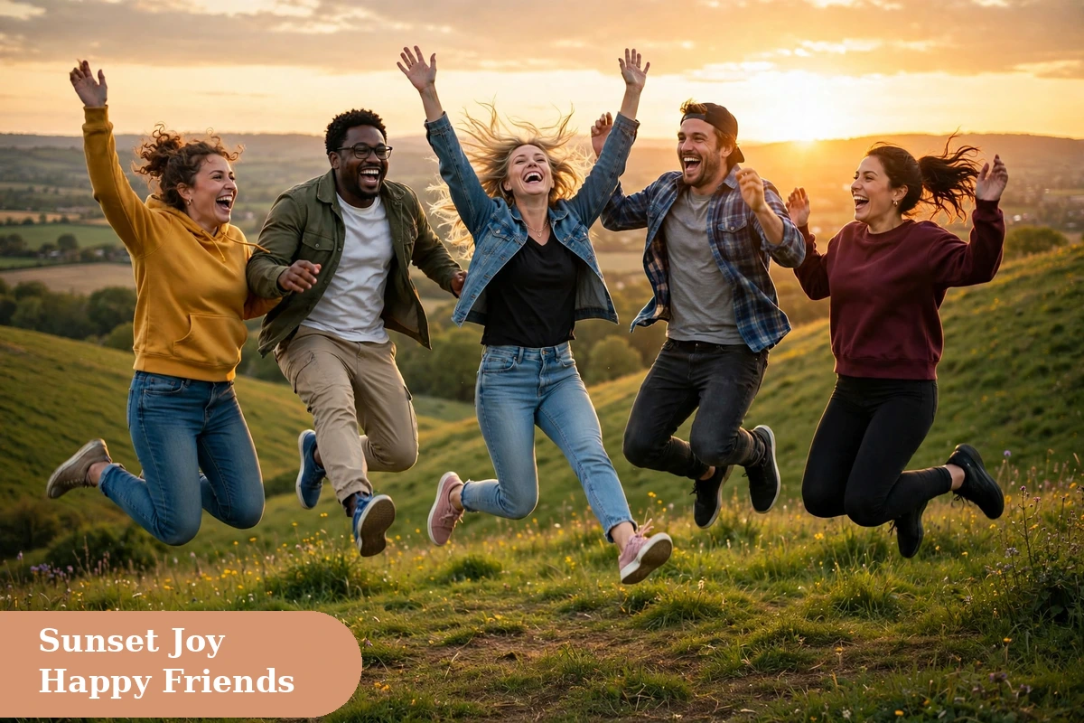 Happy captions for instagram with friends jumping joyfully at sunset on a hill