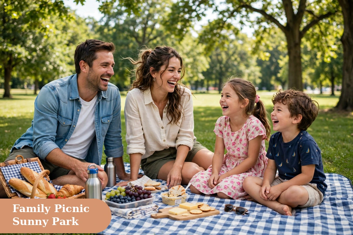 Happy captions for instagram with a happy family picnic in a sunny green park